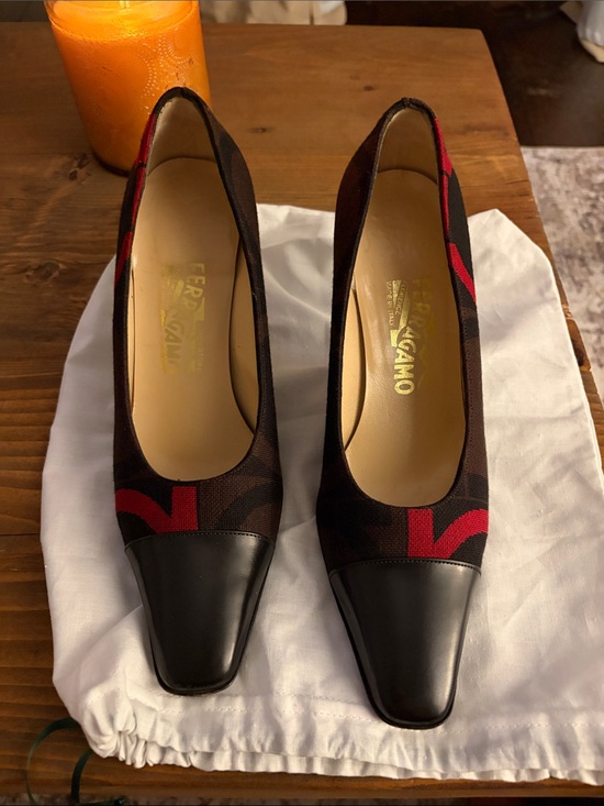 Salvatore Ferragamo Shoes - Salvatore Ferragamo Black and Red Canvas Leather Cap-Toe Pumps